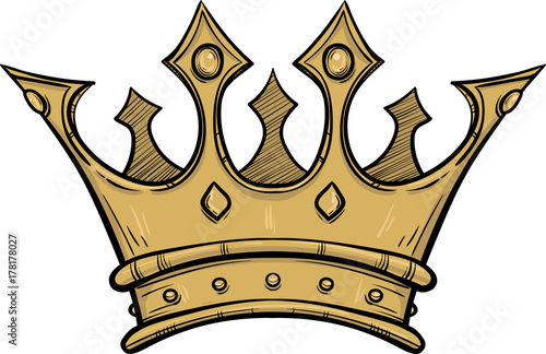 Golden king crown. Hand drawn vector stock illustration. Black and white whiteboard drawing.