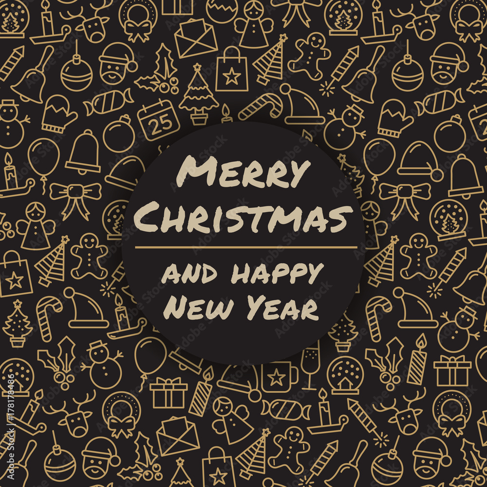 Merry Christmas and happy New Year. Winter holidays greeting card. Merry Christmas typography and calligraphy. Xmas icons.