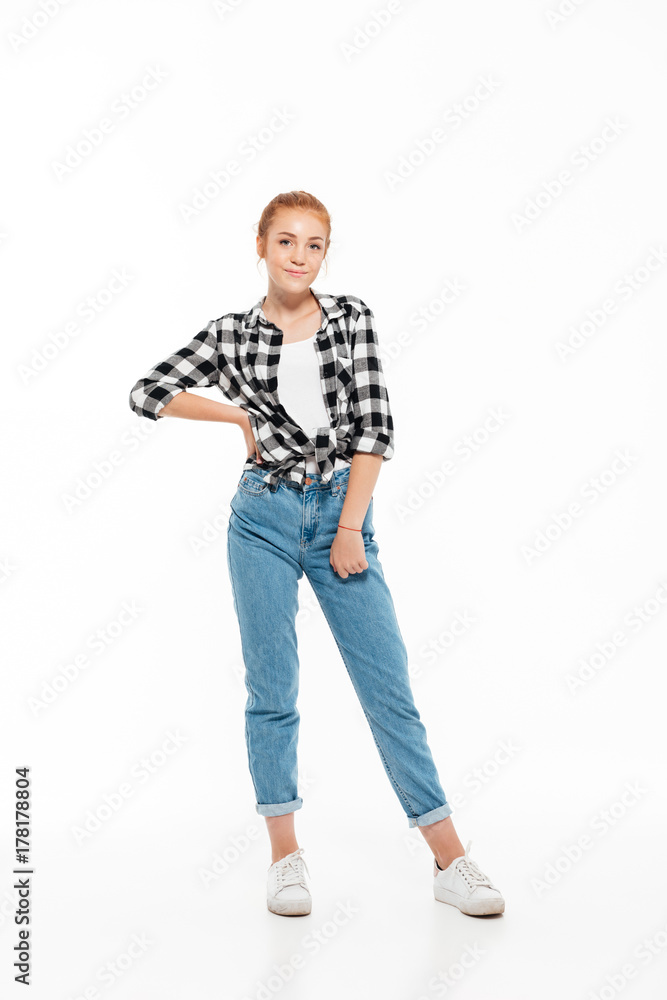 Full length image of smiling ginger woman in shirt Full length image of smiling ginger woman in shirt