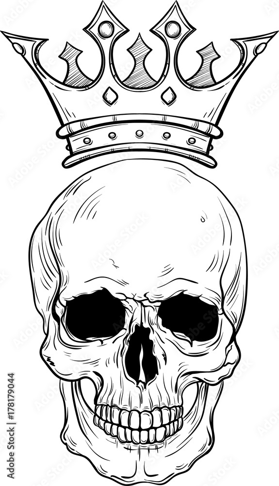 Hand drawn sketch skull with crown tattoo line art. Vintage vector ...