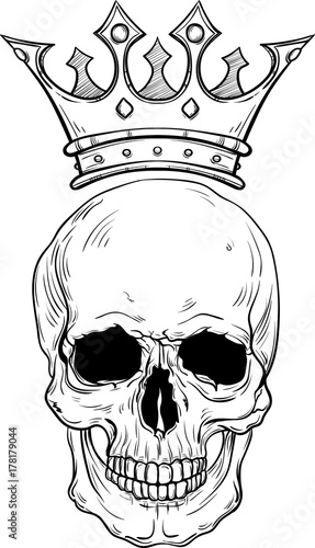 Hand drawn sketch skull with crown tattoo line art. Vintage vector illustration isolated on background.
