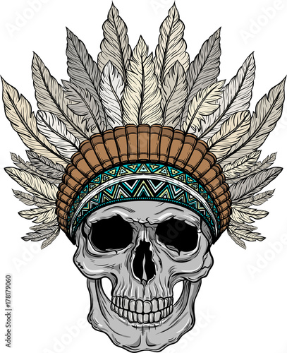 Hand Drawn Native American Indian Headdress With Human Skull. Vector Illustration Of Indian Tribal Chief Feather Hat And Skull