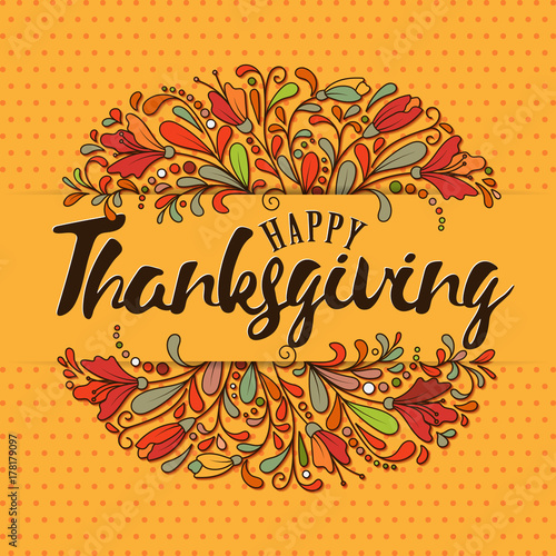 Thanksgiving typography. Thanksgiving - Hand drawn lettering with stylized pumpkins and leaves in fall colors.Thanksgiving design perfect for prints,flyers, banners,invitations,special offer and more. photo