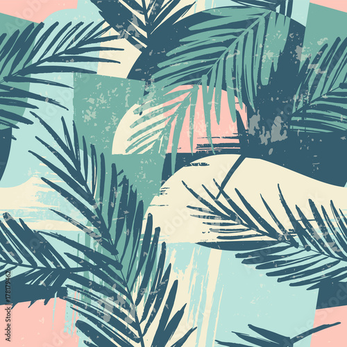Seamless exotic pattern with tropical plants and artistic background.