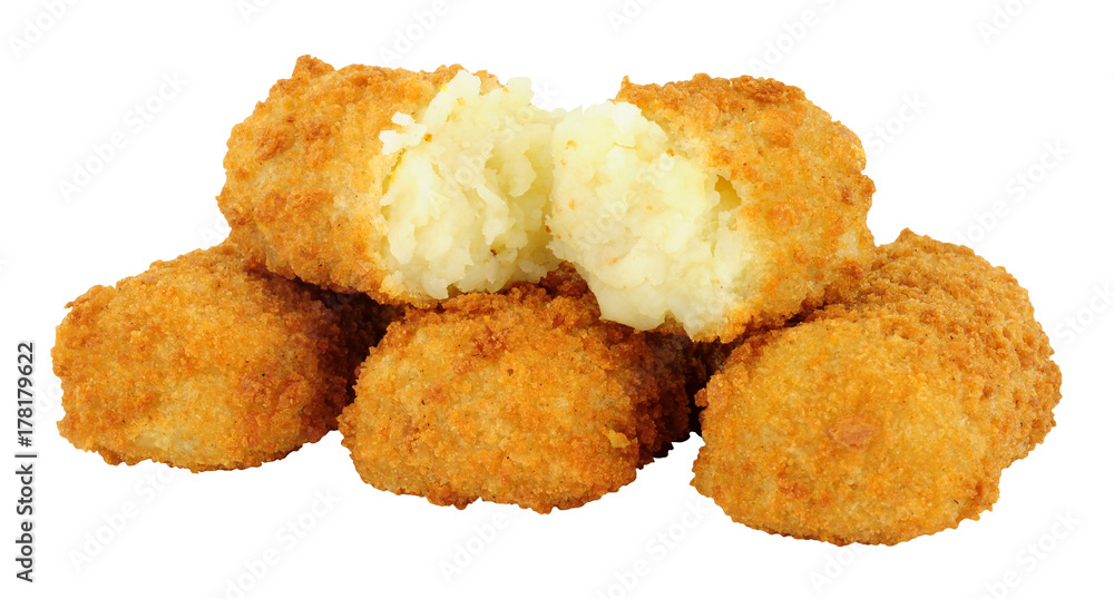 Group of crunchy mashed potato croquettes isolated on a white background