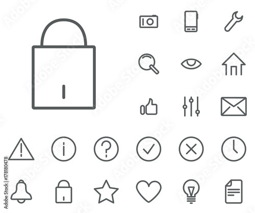 Lock icon in set on the white background. Universal linear icons to use in web and mobile app.