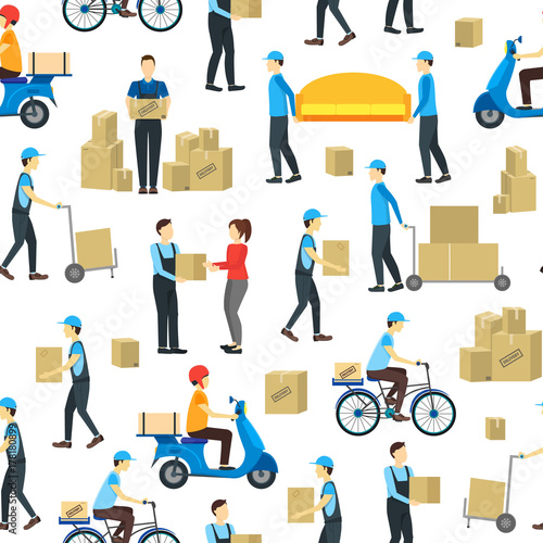 Cartoon Delivery Workers Background Pattern on a White. Vector