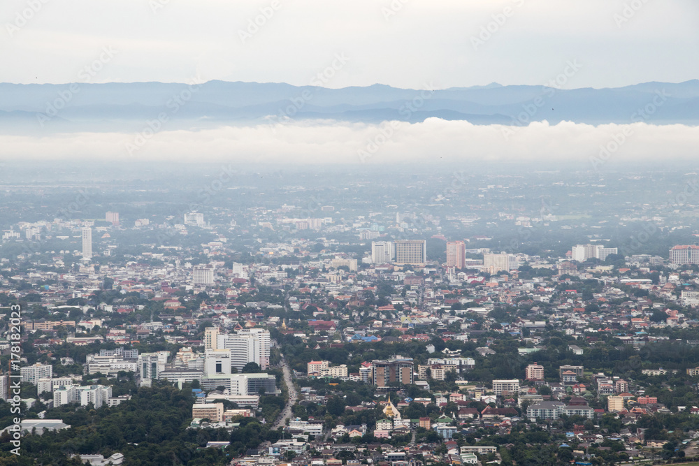 Panorama of the city from the viewpoint, Doi Suthep Chiangmai, Thailand.