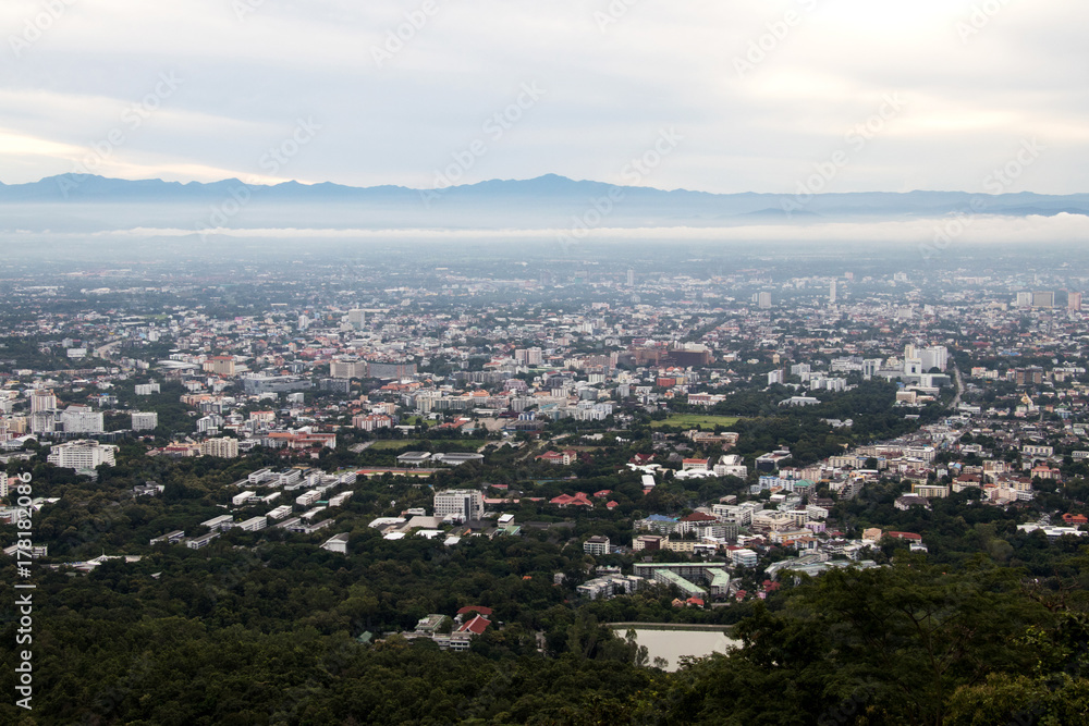 Panorama of the city from the viewpoint, Doi Suthep Chiangmai, Thailand.