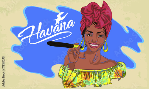cuban woman face. cartoon vector illustration for music poster. cuba girl with floral decor and cigar. Caribbean ethnic caricature grotesque poster