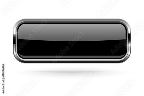 Black rectangle button with bold chrome frame. 3d shiny icon