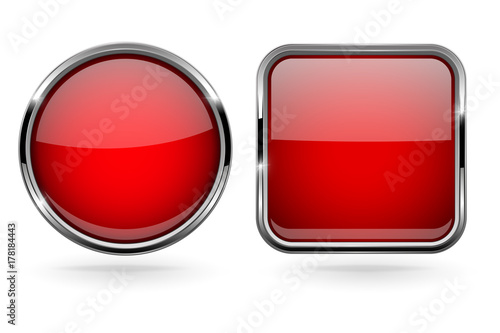 Red buttons. Set of round and square shiny 3d icons with chrome frame Free Download Red buttons. Set of round and square shiny 3d icons with chrome frame - GFXLoad