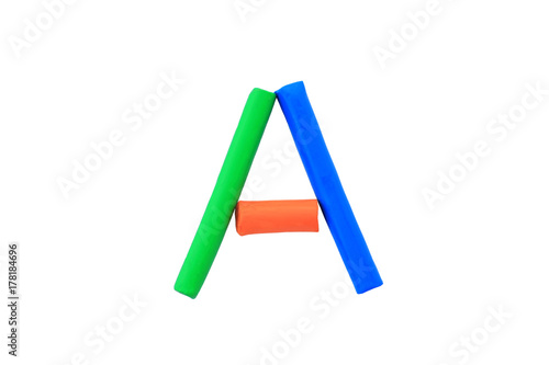 Colorful Alphabet " A " made from Plasticine (Clay) isolated on white background.