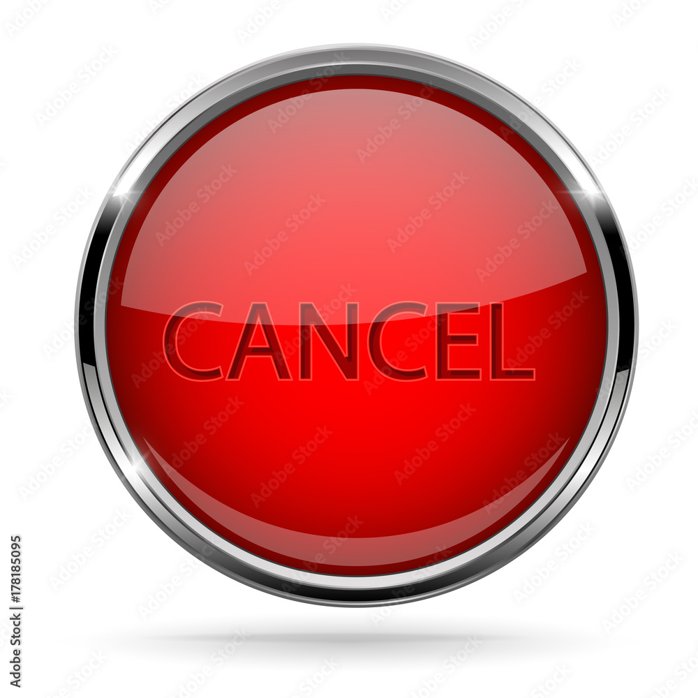 Cancel button. Round red button with chrome frame Cancel button. Round red button with chrome frame