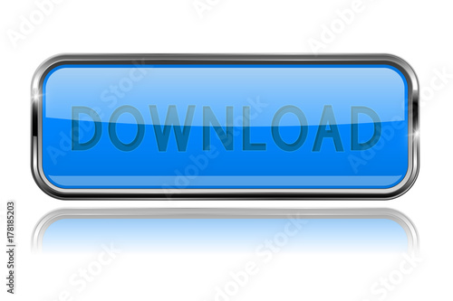 Long blue DOWNLOAD button with bold chrome frame. 3d shiny icon