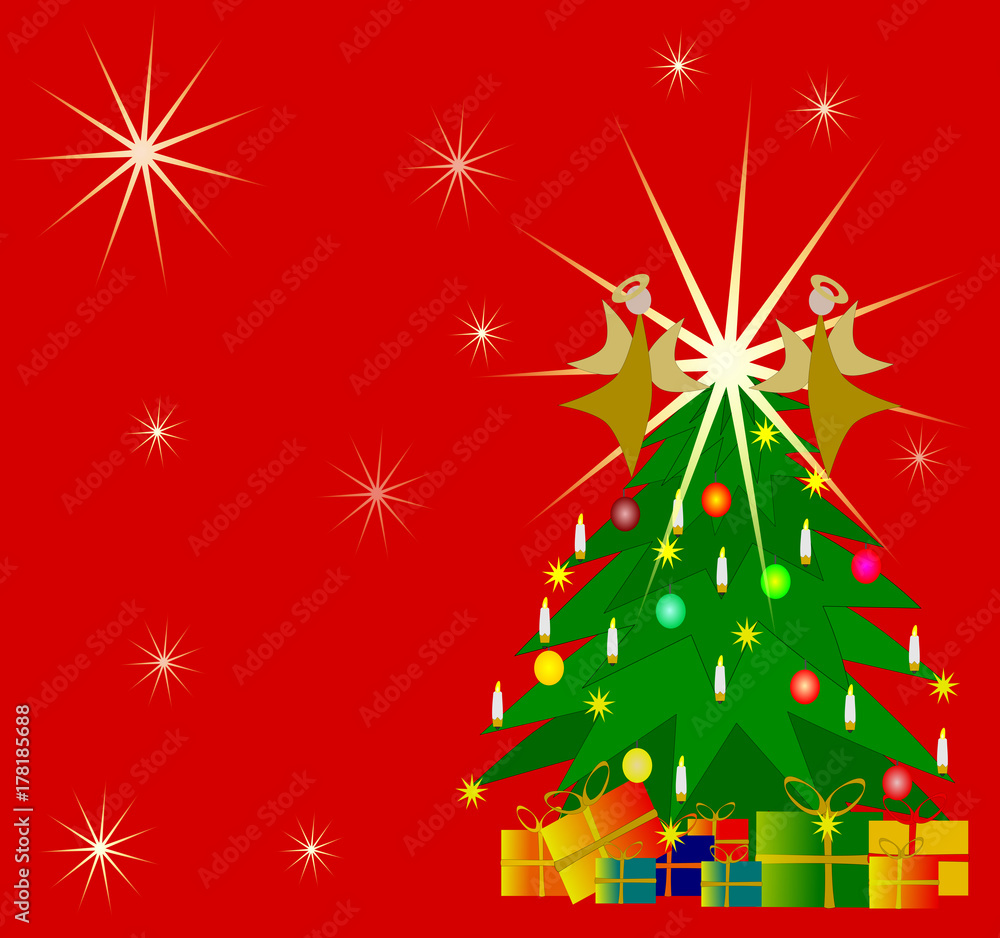 Naklejka premium Weihnachtskarte mit Weihnachtsbaum und Geschenken, Sternen und Engeln