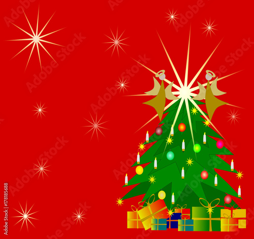 Weihnachtskarte mit Weihnachtsbaum und Geschenken  Sternen und Engeln