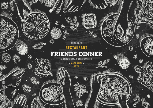 Family dinner top view illustration. Dinner table background. Engraved style illustration. Hero image. Vector illustration