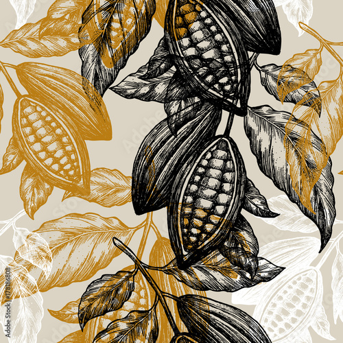 Cocoa beans seamless pattern. Cocoa tree illustration. Engraved style illustration. Chocolate cocoa beans. Vector illustration