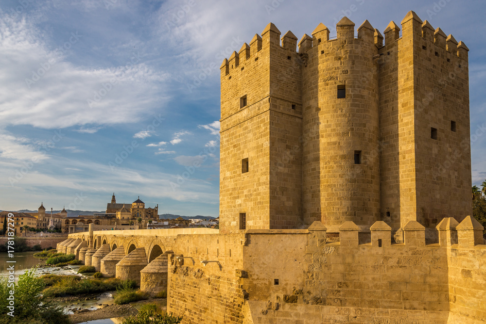 View at the Calahorra tower with Mosque-Cathedral and Roman bridge in Cordoba, Spain