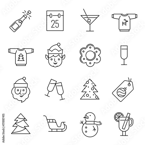 Christmas icons - Santa Claus, elf and champagne