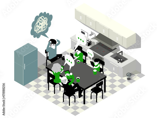 isometric illustration vector graphic design of  family using smartphone on dining table during dinner, smartphone addiction isometric graphic design concept