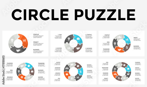 Vector circle arrows puzzle infographic, cycle diagram, graph, presentation chart. Business concept with 3, 4, 5, 6, 7, 8 options, parts, steps, processes.