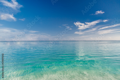 Beautiful blue sea and sky with long horizon. Tranquil nature landscape banner
