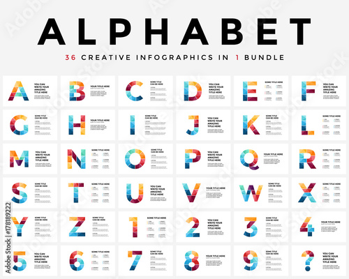 Vector alphabet infographic, presentation slide template. Business typographic concept with all numbers and letters. 16x9 aspect ratio. 36 infographics in 1 bundle. Latin type.