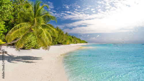 Tranquil beach scene. Exotic tropical beach landscape for background or wallpaper. Design of summer vacation holiday concept.