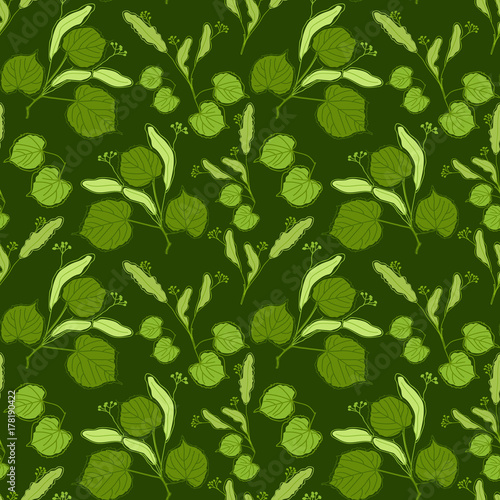 seamless pattern with branches, leaves and flowers of linden tree on a dark green background