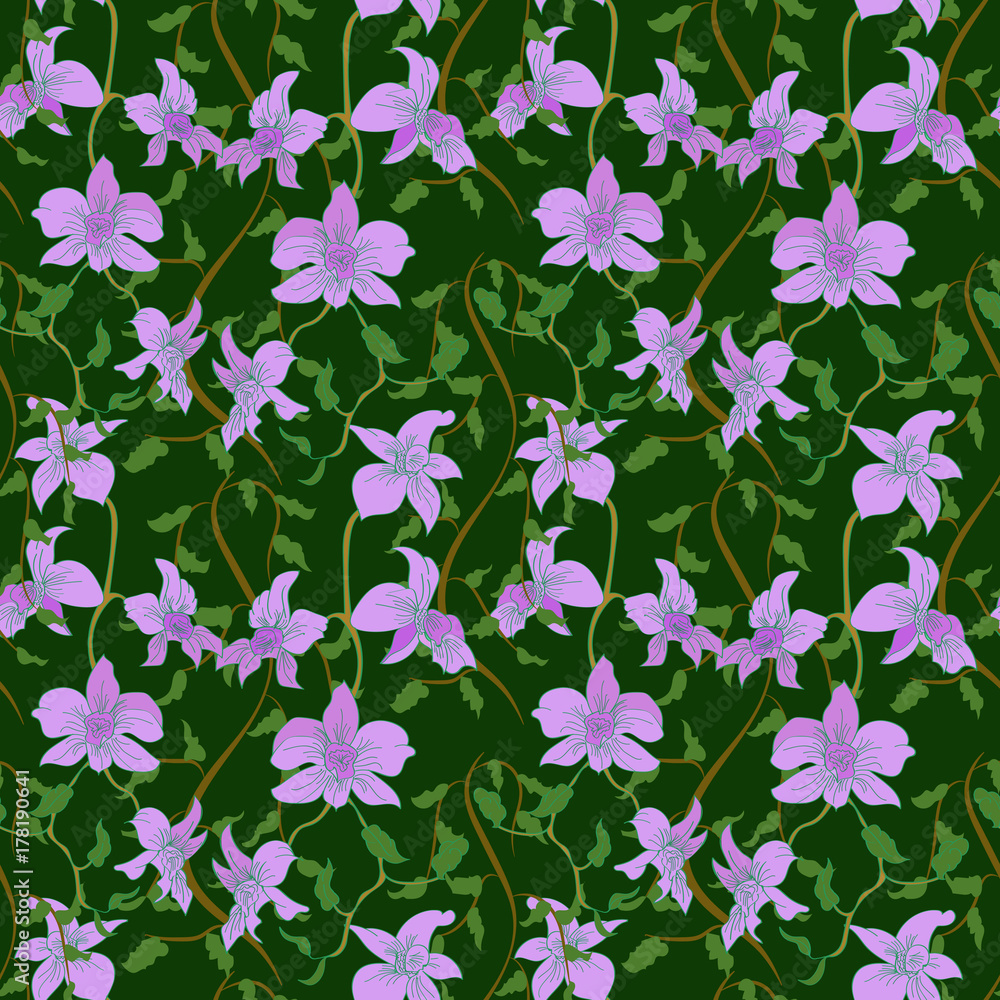seamless pattern with lianas and orchids on a dark green background seamless pattern with lianas and orchids on a dark green background