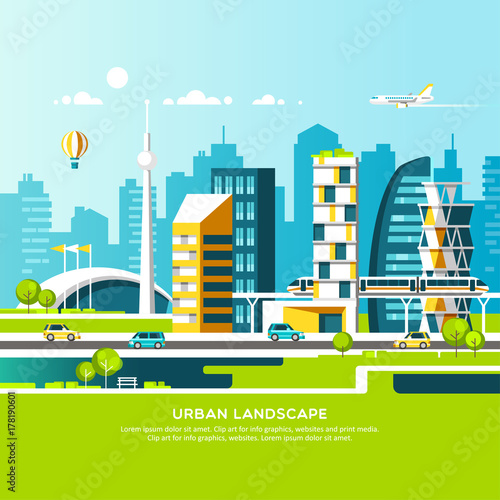 Modern vector illustration of urban landscape and city life.