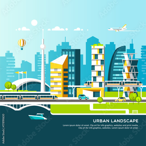 Modern vector illustration of urban landscape and city life.