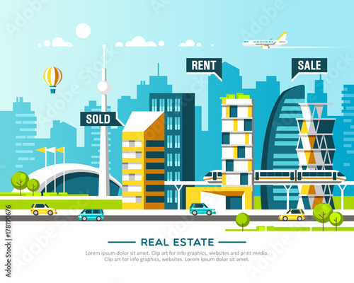 City landscape. Real estate and construction business concept with houses. Vector illustration.
