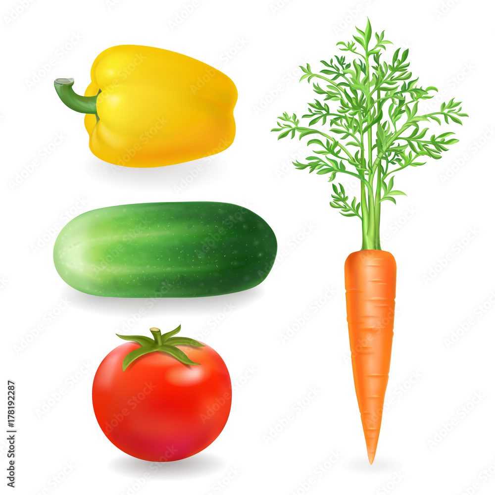 Vegetables. Realistic tomato, peppers, carrot and cucumber. Isolated vector icon Vegetables. Realistic tomato, peppers, carrot and cucumber. Isolated vector icon