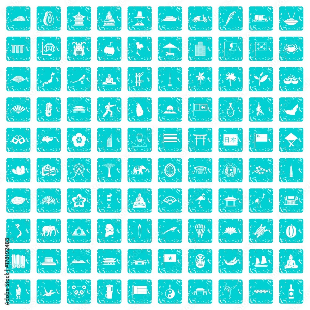 100 asian icons set grunge blue 100 asian icons set grunge blue
