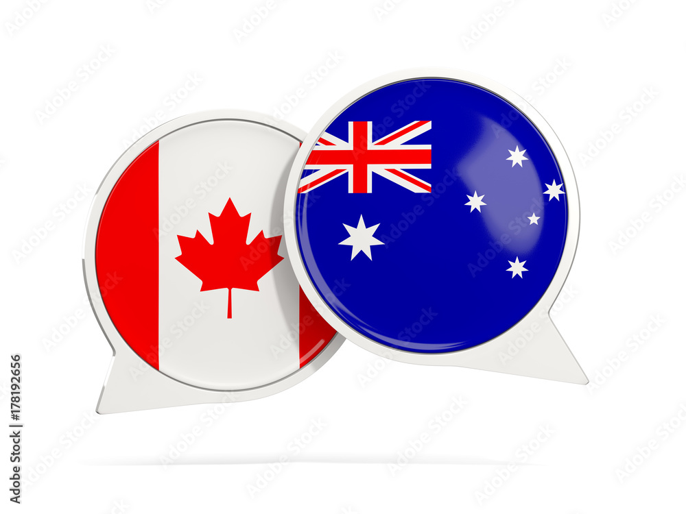 Chat bubbles of Canada and Australia isolated on white