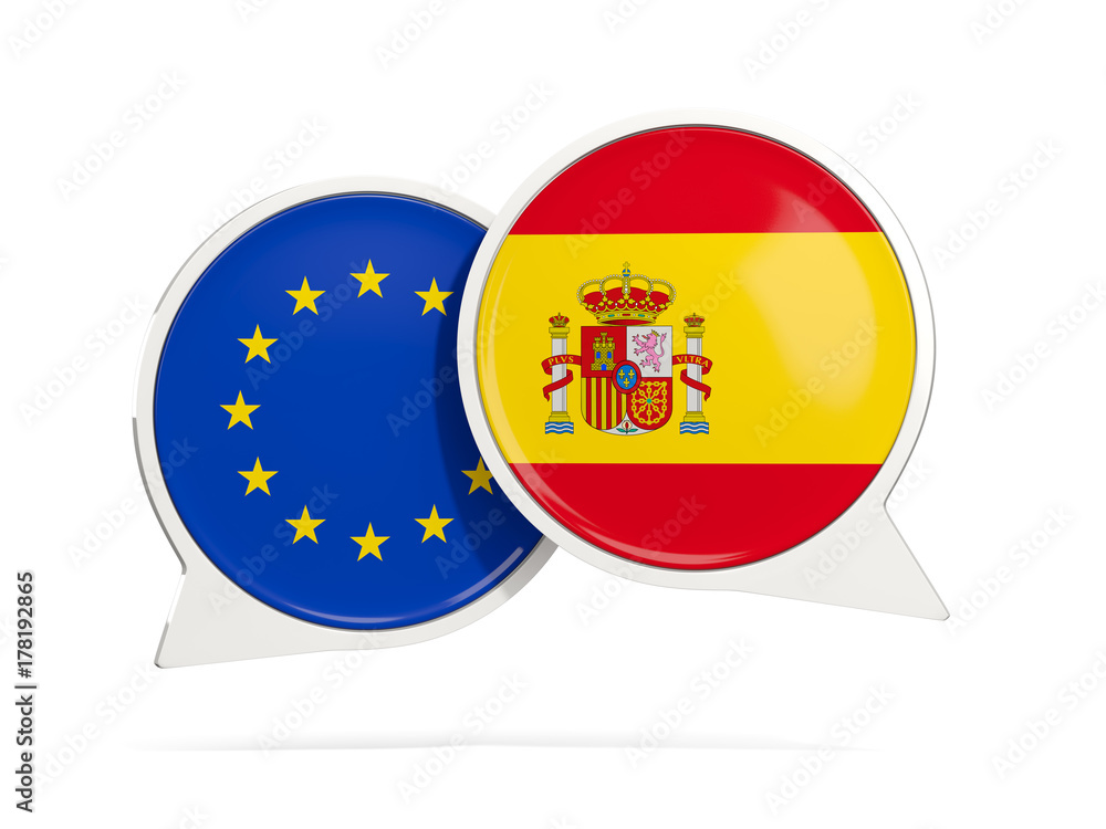 Chat bubbles of EU and Spain isolated on white