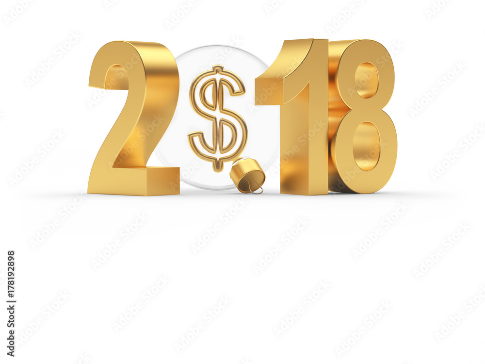 Golden 2018 New Year and glass Christmas ball with Dollar sign isolated on white background. 3D illustration Golden 2018 New Year and glass Christmas ball with Dollar sign isolated on white background. 3D illustration