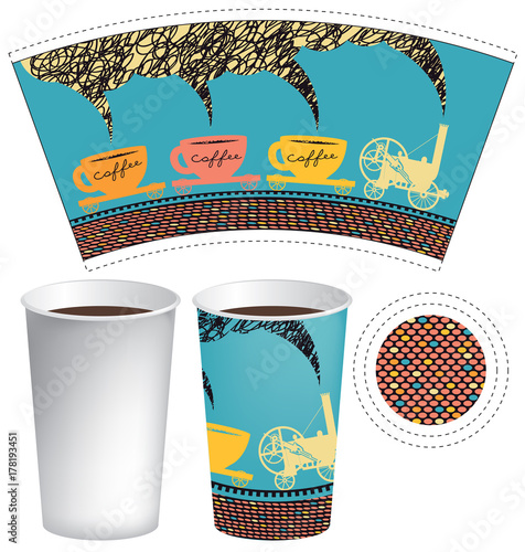 Vector template paper cup for hot drink. Disposable cup for coffee or tea with an old steam locomotive in retro style with rail cars in the form of bright coffee cups