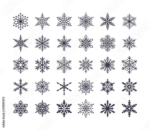 Cute snowflakes collection isolated on white background. Flat snow icons  snow flakes silhouette. Nice element for christmas banner  cards. New year ornament. Organic and geometric snowflake set.