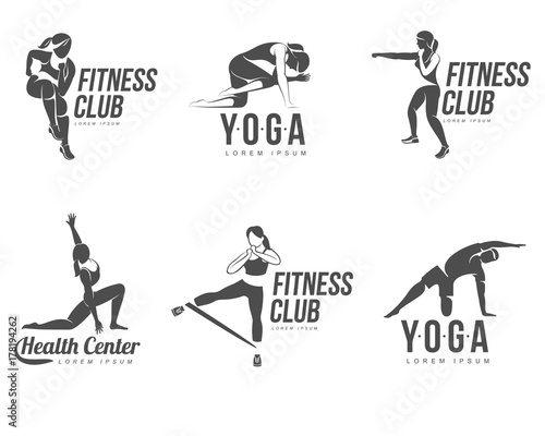 Workout logo. Fitness, Aerobic and workout exercise in gym. Vector set of workout logo isolated on white background.