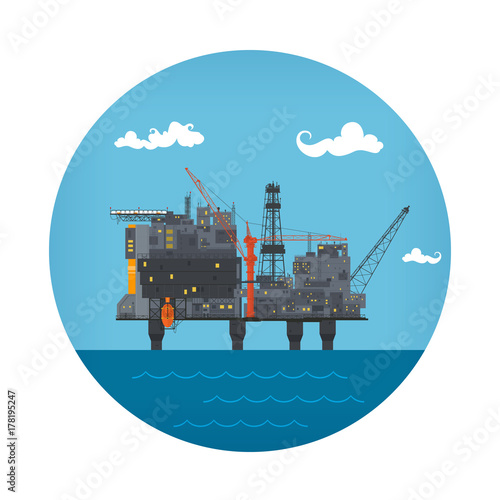 Icon of Sea Petroleum Platform, Offshore Oil Platform , Oil Production at Sea , Vector Illustration