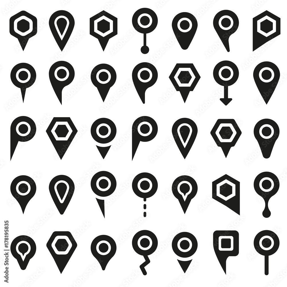 Vector black map pointer icons set on white background. Collection of 45 icons Vector black map pointer icons set on white background. Collection of 45 icons