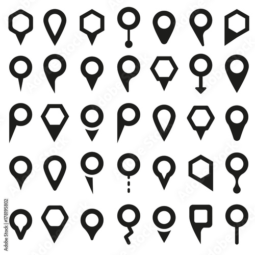 Vector black map pointer icons set on white background. Collection of 45 icons