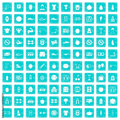 100 gym icons set grunge blue