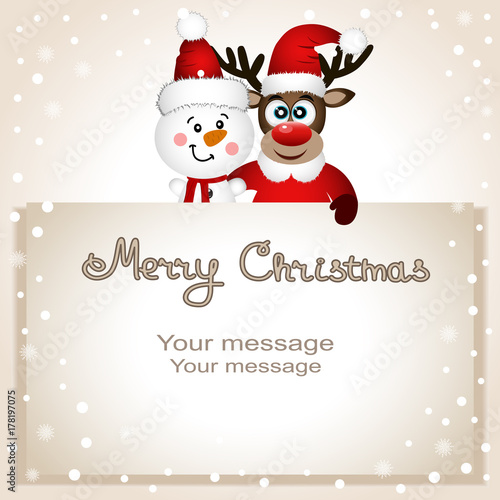 Funny postcard with Christmas reindeer and snowman.