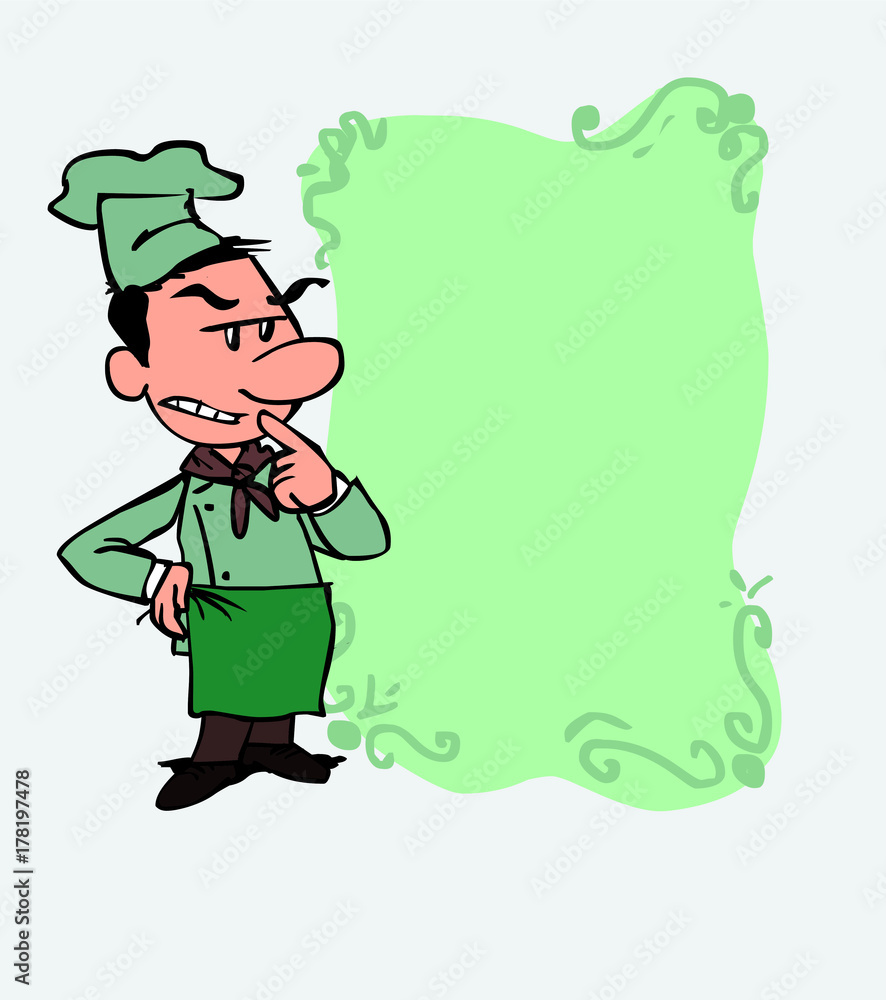 White chef worried and doubtful. Is showing, as if he were in front of a blackboard, the data you want. White chef worried and doubtful. Is showing, as if he were in front of a blackboard, the data you want.