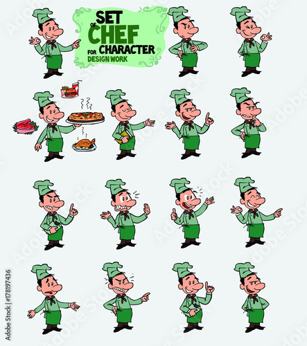White chef. Set of postures of the same character in different expressions. Sad  happy  angry ... Always showing  as if he were in front of a blackboard  the data you want.